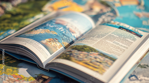 A detailed stock photo of a travel guidebook open to a page with information about a destination. The guidebook is set on a travel-themed surface, emphasizing its use for planning. photo