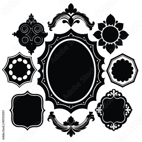 Large set of vector black silhouette frames or cartouches for badges in ornate classical curved and rounded symmetrical designs and shapes