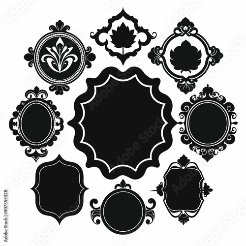 Large set of vector black silhouette frames or cartouches for badges in ornate classical curved and rounded symmetrical designs and shapes