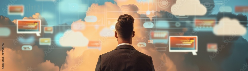 Fototapeta premium Businessman in a suit observing a digital cloud interface with multiple icons and graphics in the background.