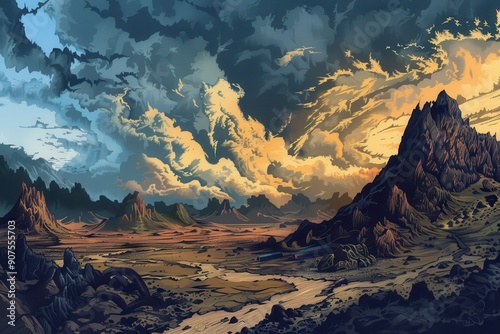 A Fantasy Landscape with Majestic Mountains and Dramatic Clouds