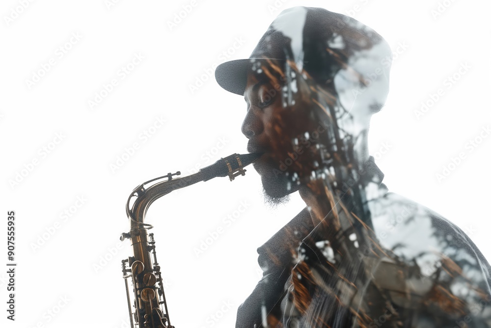 Obraz premium Young musician playing saxophone with double exposure effect