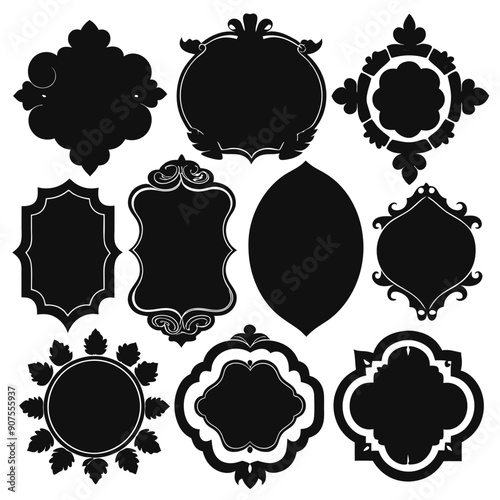 Large set of vector black silhouette frames or cartouches for badges in ornate classical curved and rounded symmetrical designs and shapes