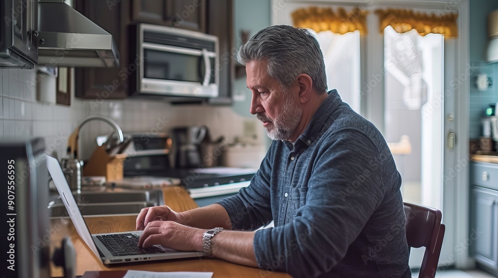 Middle-aged man working on laptop at kitchen table in modern home setting, casual workspace with natural light and comfortable environment for remote work or online activities Middle-aged man working on laptop at kitchen table in modern home setting, casual workspace with natural light and comfortable environment for remote work or online activities