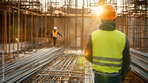 A construction worker, dressed in a yellow vest, is focusing on steel rebar, with scaffolding and construction activities visible. photo