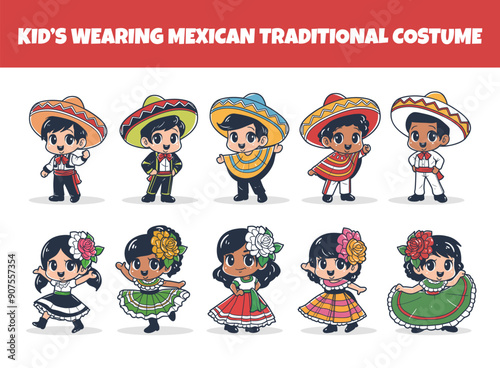 Kids wearing mexican traditional costume vector illustration set