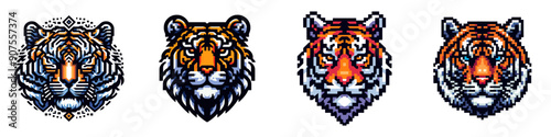 Pixel art of a tiger with a transparent background, animal illustration, collection set