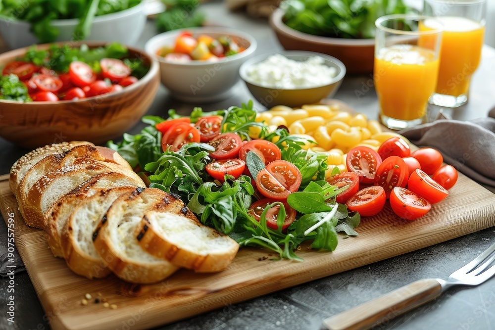 Rustic Wooden Cutting Board with Fresh Salad, Cherry Tomatoes, Toasted Bread, and Fork Rustic Wooden Cutting Board with Fresh Salad, Cherry Tomatoes, Toasted Bread, and Fork