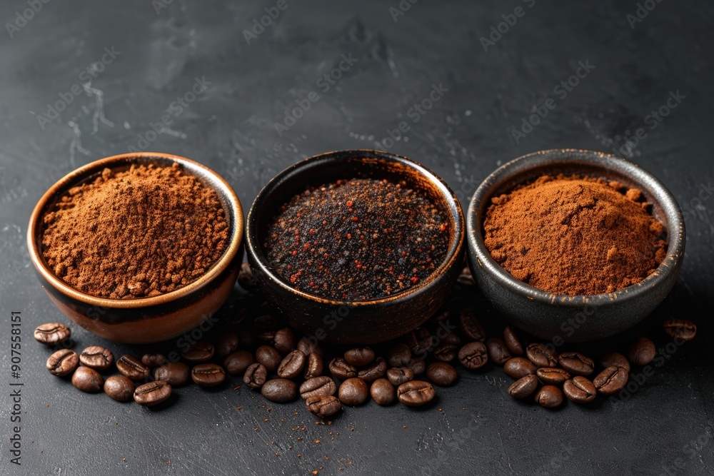Different forms of coffee: whole beans, ground coffee, and instant coffee, presented in black ceramic bowls on a dark background. Different forms of coffee: whole beans, ground coffee, and instant coffee, presented in black ceramic bowls on a dark background.