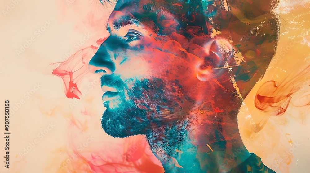 Vibrant and artistic portrait of a man with colorful splatter effects overlaying the image. Vibrant and artistic portrait of a man with colorful splatter effects overlaying the image.