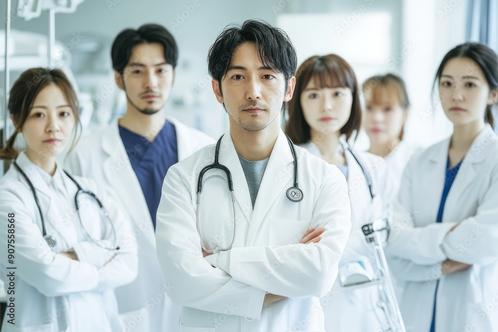 Doctors and nurses standing in the hospital wearing white coat uniforms with serious expressions. Doctors and nurses standing in the hospital wearing white coat uniforms with serious expressions.