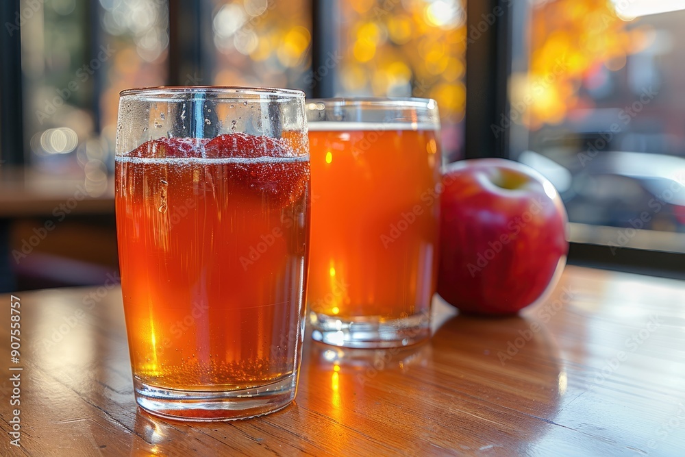 Two Glasses of Amber Liquid and a Red Apple on a Wooden Table Two Glasses of Amber Liquid and a Red Apple on a Wooden Table