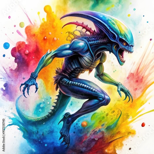 A brightly colored watercolor painting of a monster