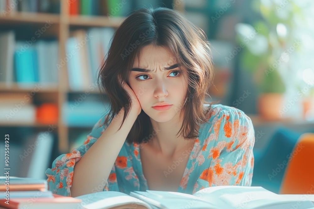 Thoughtful Young Woman with Open Book in Library Setting Thoughtful Young Woman with Open Book in Library Setting