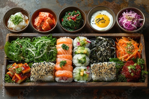 Wooden Box with Assorted Japanese Dishes, Including Sushi Rolls and Salads