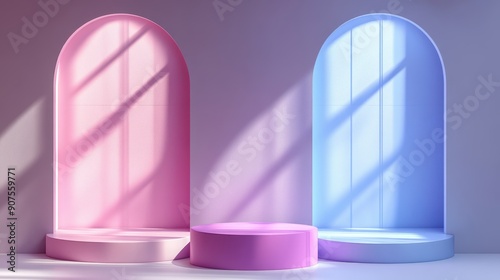 Three pastel podium in arch window,glossy, Vector abstract studio room with geometric platform,Product display for cosmetic,beauty, showroom,showcase,studio light for mockup,copy space.