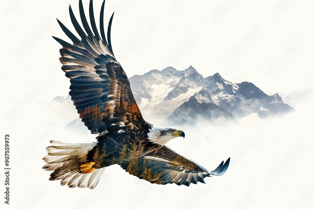 Obraz premium Majestic bald eagle soaring over mountain range embracing nature's beauty