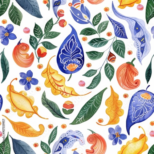 Seamless pattern with intricate paisley patterns in bold, bright colors. Conveyed in watercolor form