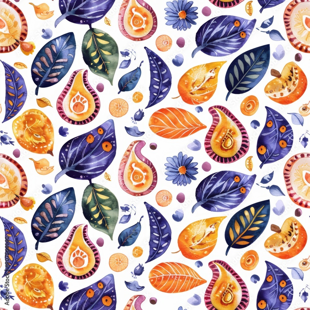 Seamless pattern with intricate paisley patterns in bold, bright colors. Conveyed in watercolor form Seamless pattern with intricate paisley patterns in bold, bright colors. Conveyed in watercolor form