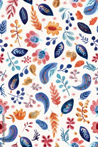 Seamless pattern with intricate paisley patterns in bold, bright colors. Conveyed in watercolor form