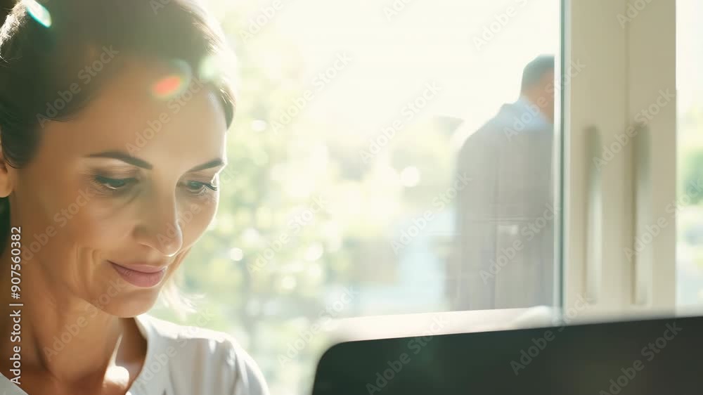 Businesswoman working on laptop by window, professional female executive in office with natural light Businesswoman working on laptop by window, professional female executive in office with natural light