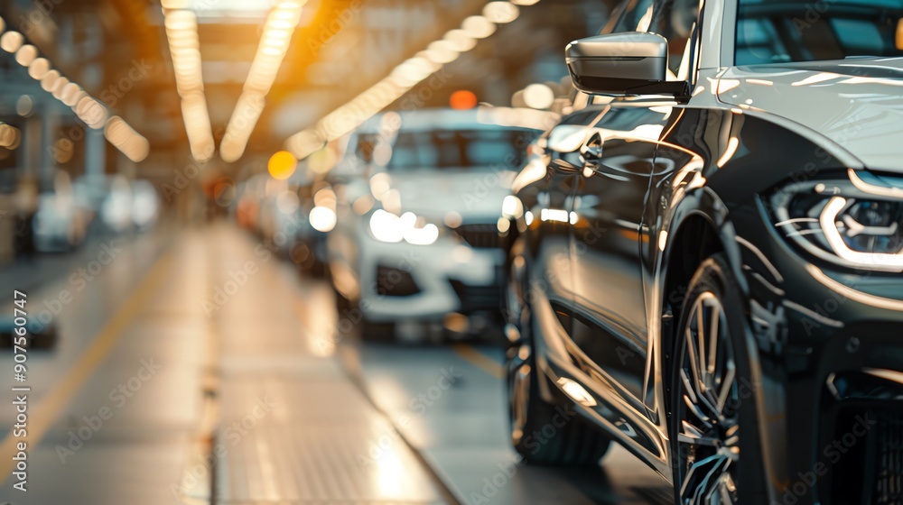 A modern car assembly line showcasing sleek vehicles under warm industrial lighting. Focus on craftsmanship and innovation in manufacturing. A modern car assembly line showcasing sleek vehicles under warm industrial lighting. Focus on craftsmanship and innovation in manufacturing.