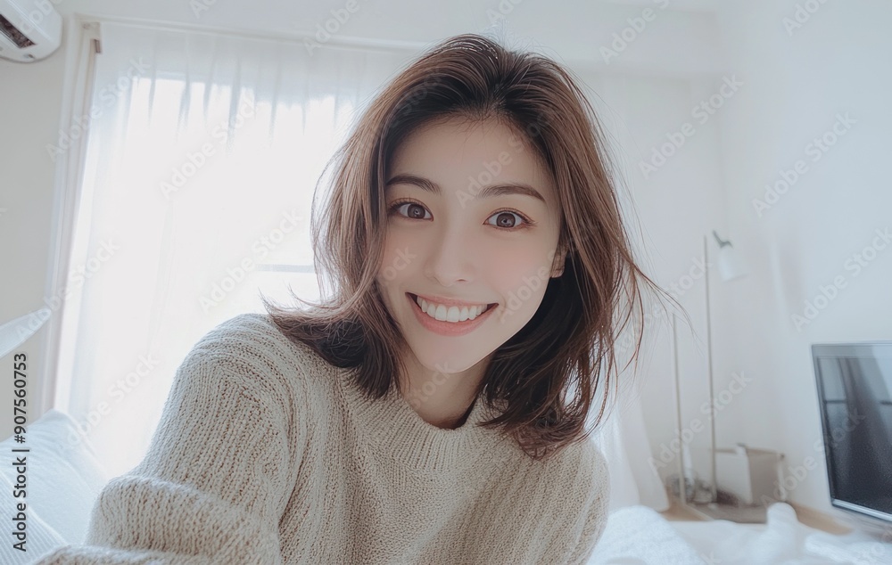 Woman selfie is smiling in sweater in living room. Woman selfie is smiling in sweater in living room.