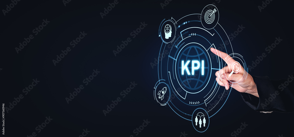 Business hand pointing at KPI hologram interface on dark background. Business hand pointing at KPI hologram interface on dark background.