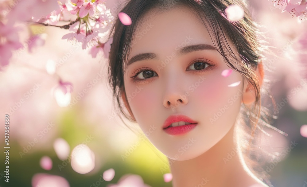 Portrait of a beautiful smiling high school girl in uniform among cherry blossoms from a top view. Portrait of a beautiful smiling high school girl in uniform among cherry blossoms from a top view.