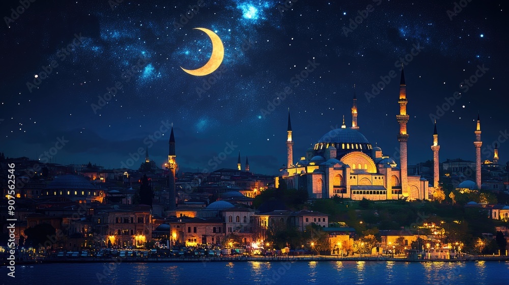Naklejka premium Suleymaniye Mosque with a crescent above it. Night sky.