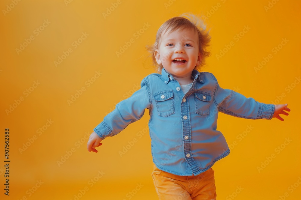 Joyful toddler with curly hair in a yellow shirt smiling and spreading arms. Joyful toddler with curly hair in a yellow shirt smiling and spreading arms.