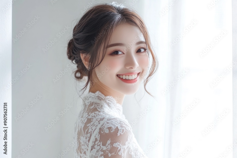 Beautiful woman in a white lace dress smiling at the camera. Beautiful woman in a white lace dress smiling at the camera.