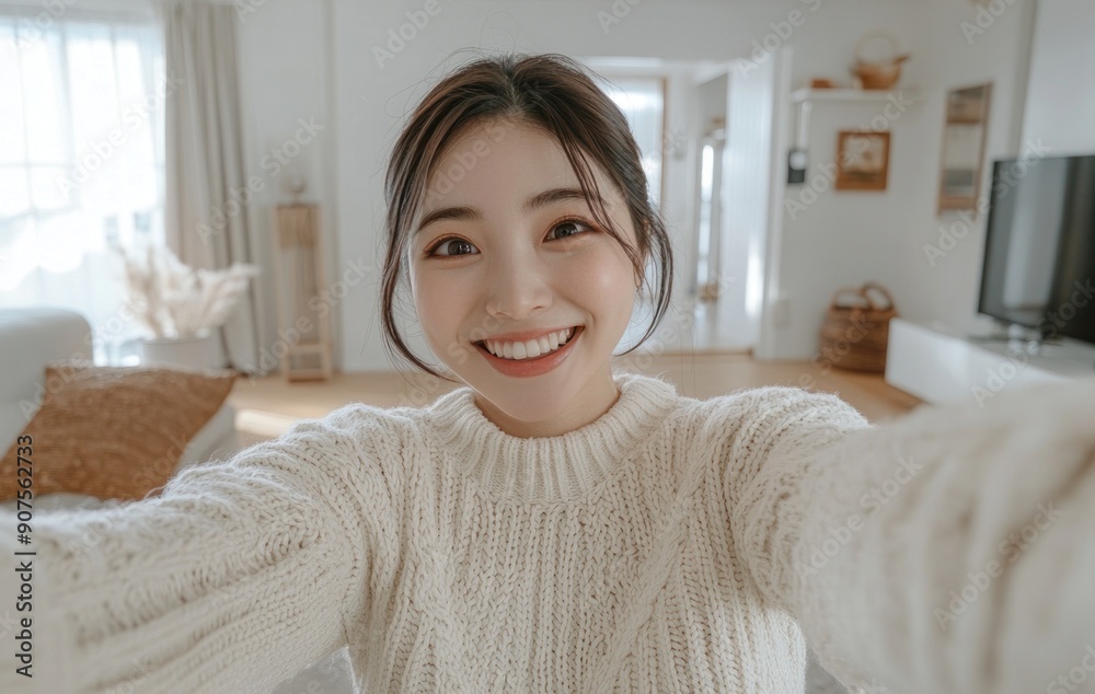 Woman selfie is smiling in sweater in living room. Woman selfie is smiling in sweater in living room.
