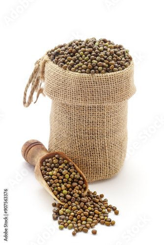 Close-up of Organic whole Green Gram (Vigna radiata) or whole green moong dal unpolished, in a jute bag and on a scoop, Isolated on a white background. photo