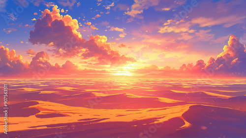 Desert landscape image. Styled like an anime or game background. Blue sky, sunset, sunrise, night, fog, snow, rain, cloudiness, autumn leaves, rainbow, etc.