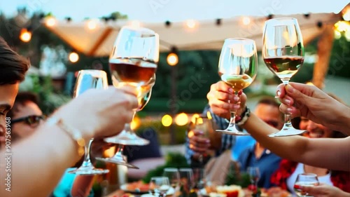 Friends raising their glasses in a toast at a backyard BBQ party, celebrating good times and laughter together.