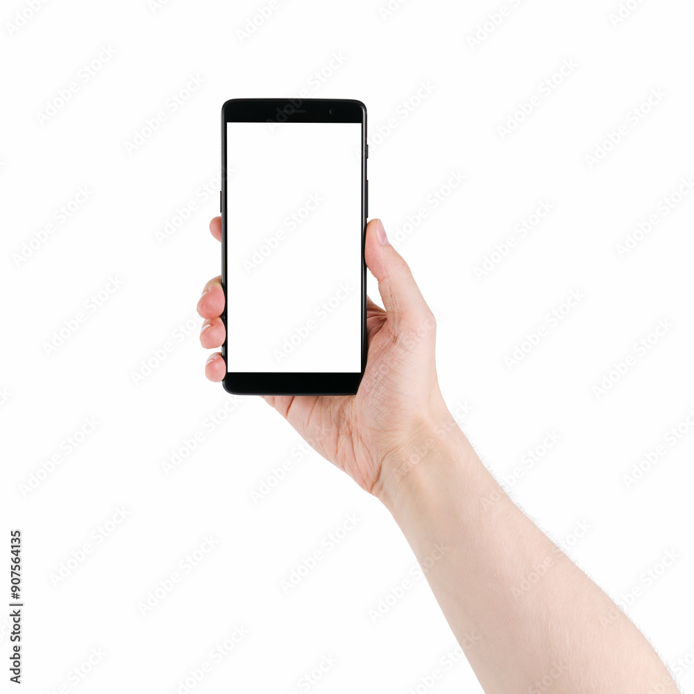 man hand holding smartphone with white screen isolated on white background man hand holding smartphone with white screen isolated on white background