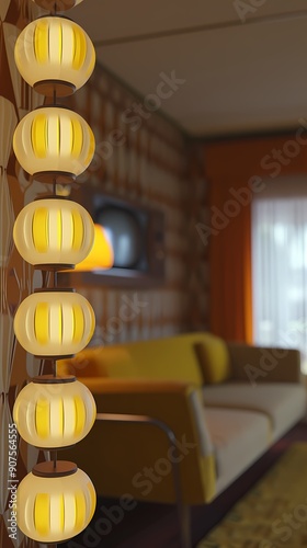 Closeup of a modern chandelier with round yellow shades hanging in a living room with a couch in the background.