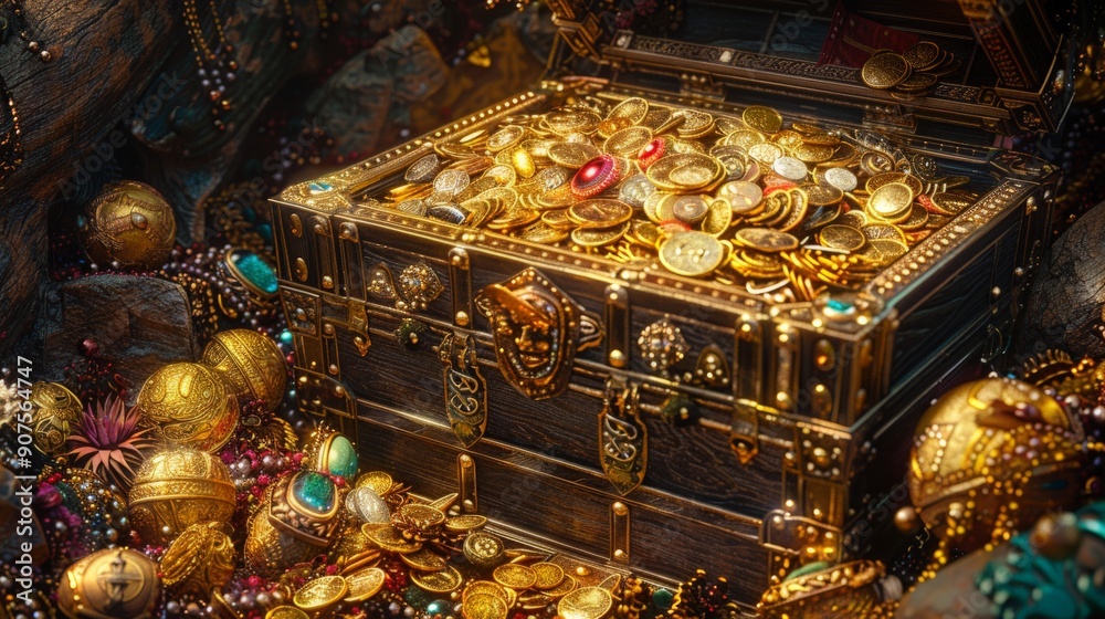A Chest Filled with Treasure and Surrounded by Jewels A Chest Filled with Treasure and Surrounded by Jewels