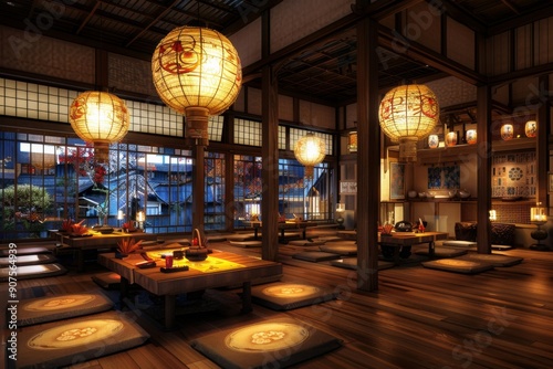 Traditional Japanese Restaurant Ambience with Oriental Aesthetics and Timeless Elegance in Eastern Decor photo