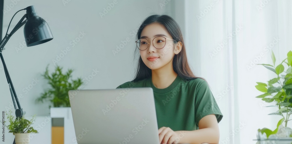 Asian woman sitting at a white desk using a laptop and waving her hand. Asian woman sitting at a white desk using a laptop and waving her hand.