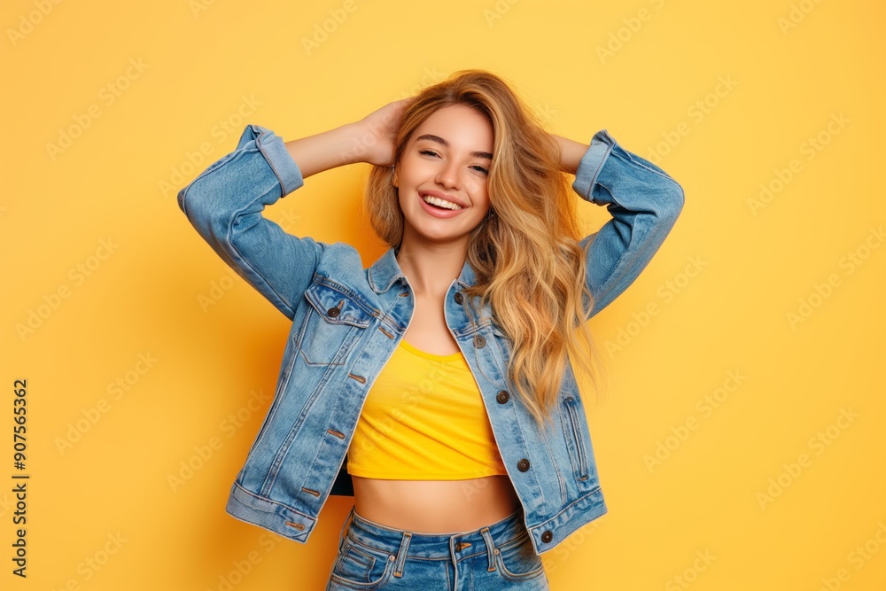 Smiling young woman in a denim jacket and yellow top posing against a bright yellow background. Smiling young woman in a denim jacket and yellow top posing against a bright yellow background.