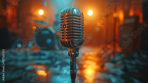 magine a white scene, and standing a professional metal microphone for singers, and the lights are on that michrophone, background, immaculate, exciting, photo