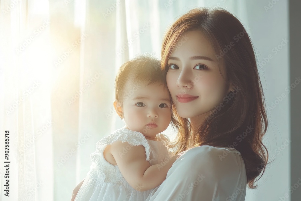 Young mother holding a cute baby girl in a white dress. Young mother holding a cute baby girl in a white dress.