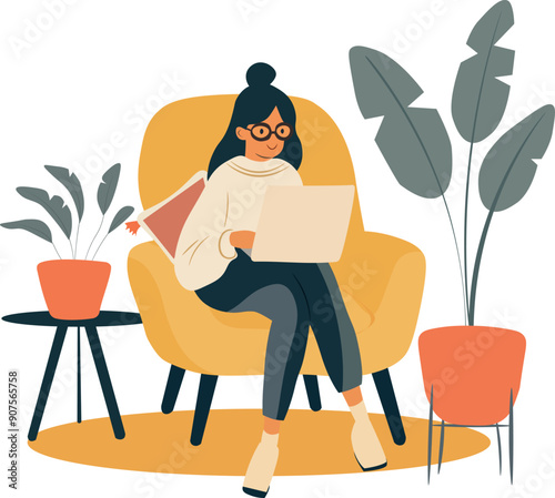 Girl with a laptop in a chair. Freelance or training concept. Cute vector illustration in flat style. photo