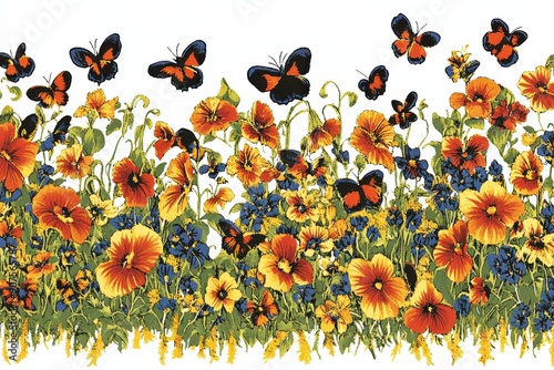  An illustration of a vibrant garden with a variety of colorful flowers and butterflies. The scene is lively and cheerful, with detailed, bright blossoms and fluttering butterflies against a white bac
