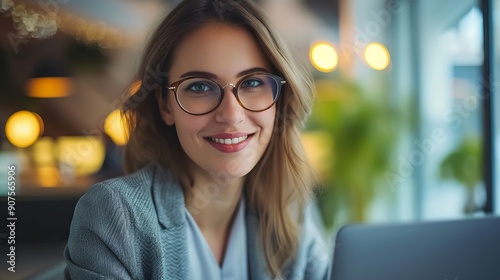 Cheerful young businesswoman with glasses working on a laptop at her office desk, focused and engaged in a modern workplace environment.