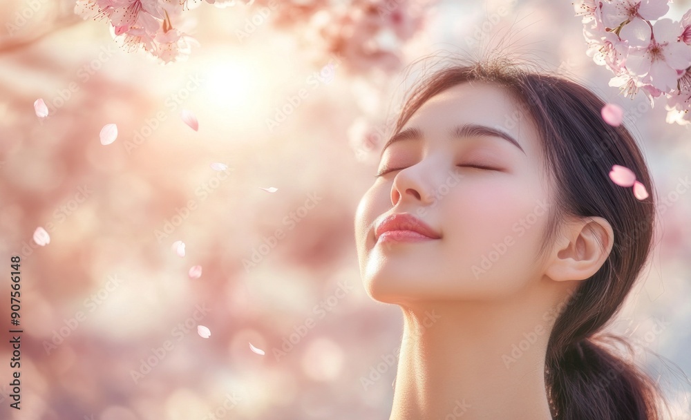 A beautiful girl in the blossom garden surrounded by blooming cherry blossoms. A beautiful girl in the blossom garden surrounded by blooming cherry blossoms.