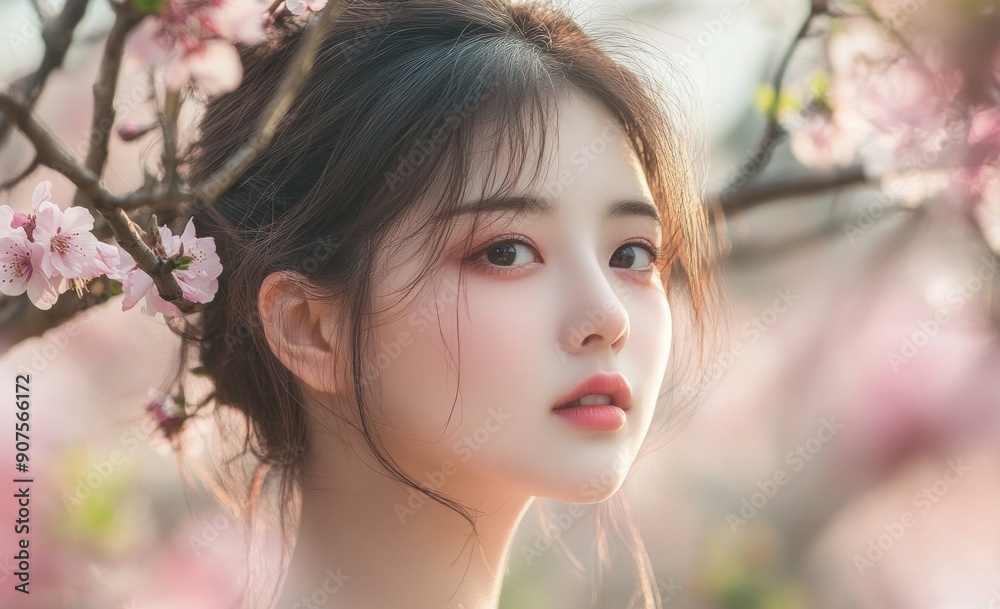 A beautiful girl in the blossom garden surrounded by blooming cherry blossoms. A beautiful girl in the blossom garden surrounded by blooming cherry blossoms.