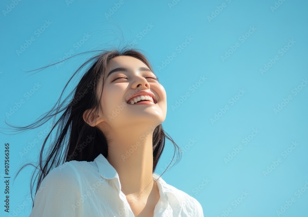 Beautiful woman smiling hair blowing in the wind blue sky background. Beautiful woman smiling hair blowing in the wind blue sky background.